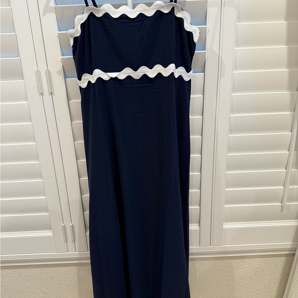 Navy Blue Maxi Dress with White Trim